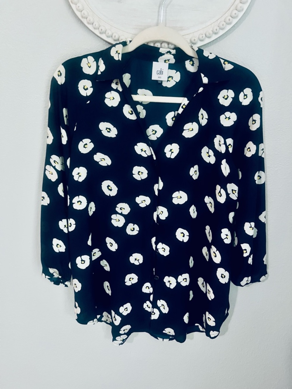 CAbi Navy Blouse with White Floral Print